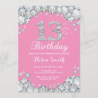 13. Geburtstag Einladung Rosa und Silver Diamond