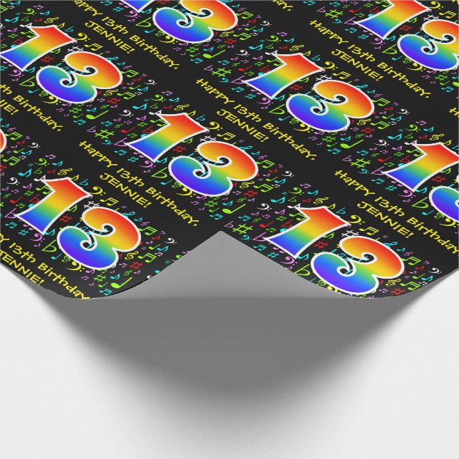 13. Geburtstag: Farbige Musiksymbole, Regenbogen 1 Geschenkpapier (Ecke)