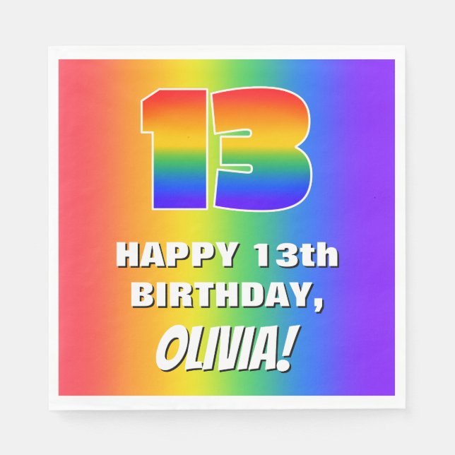 13. Geburtstag: Farbiges, lustiges Regenbogenmuste Serviette (Vorderseite)