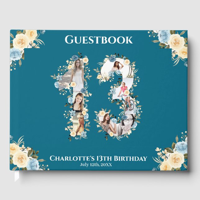 13. Geburtstag Foto Aquamarin Collage Gelbe Blume Gästebuch (Vorderseite)