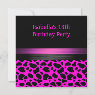 13. Geburtstag Fuchsia Rosa Schwarz Tiermuster Einladung