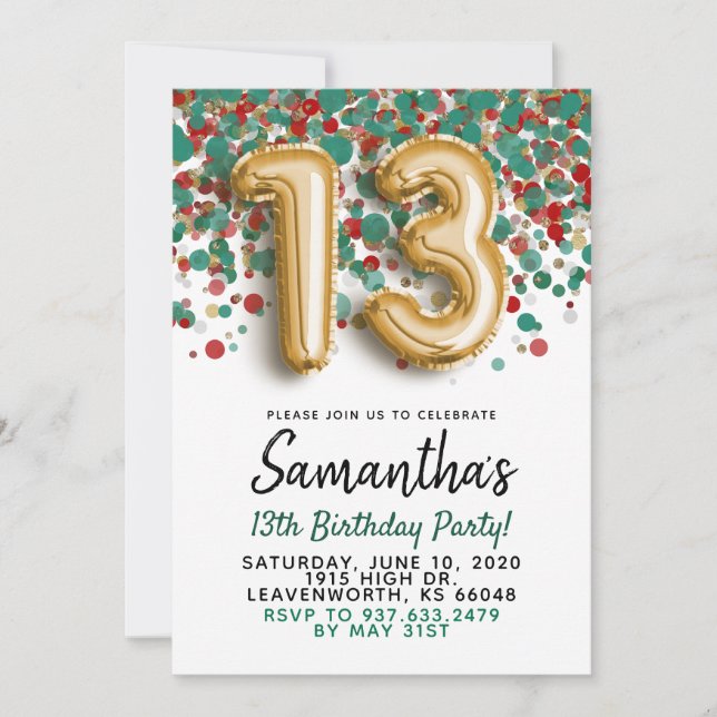13. Geburtstag Gold Confetti Einladung (Vorderseite)