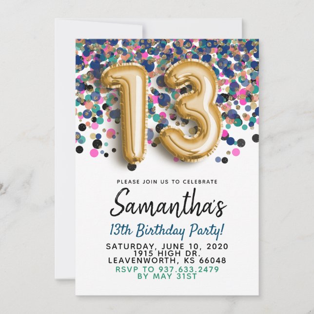 13. Geburtstag Gold Confetti Einladung (Vorderseite)
