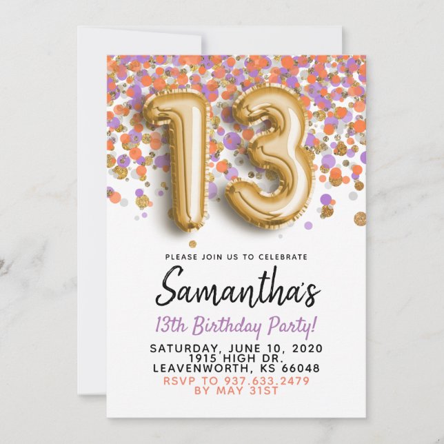 13. Geburtstag Gold Confetti Einladung (Vorderseite)