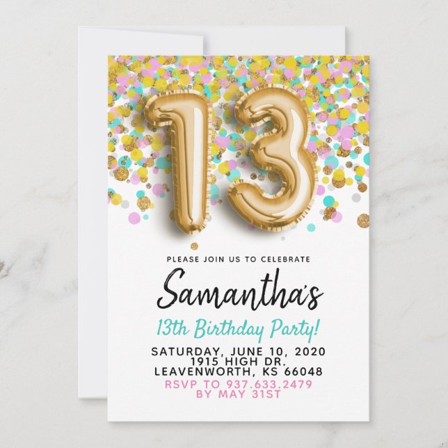 13. Geburtstag Gold Confetti Einladung (Vorderseite)