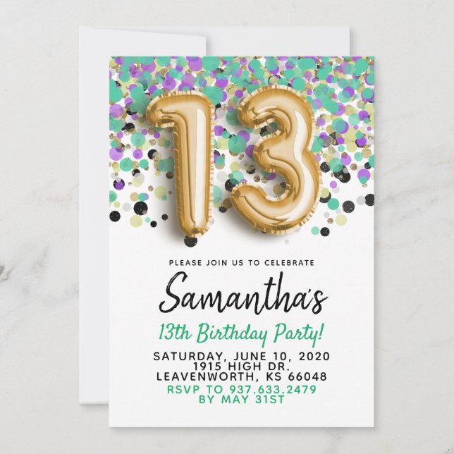 13. Geburtstag Gold Confetti Einladung (Vorderseite)