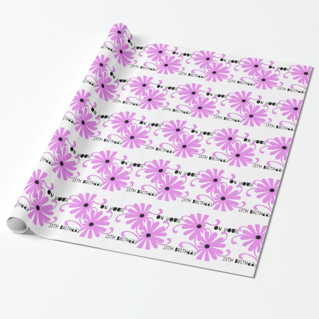 13. Geburtstag, helle rosa Blumen, Geschenkpapier (Ungerollt)