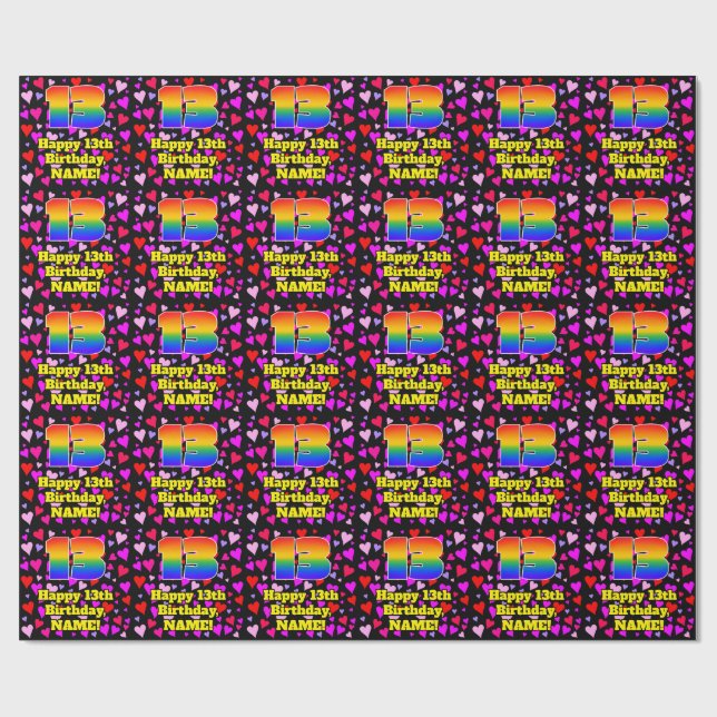 13. Geburtstag: Loving Hearts Pattern, Regenbogen  Geschenkpapier (Flach)