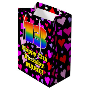 13. Geburtstag: Loving Hearts Pattern, Regenbogen Mittlere Geschenktüte