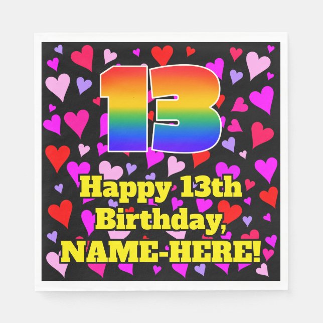 13. Geburtstag: Loving Hearts Pattern, Regenbogen  Serviette (Vorderseite)