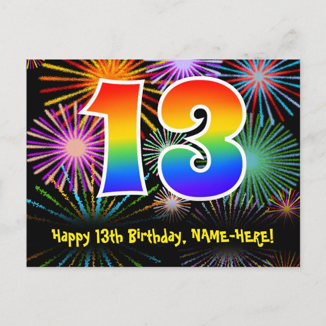 13. Geburtstag – Lustiges Feuerwerk Muster + Regen Postkarte (Vorderseite)