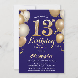 13. Geburtstag Navy Blue und Gold Balloons Confett Einladung