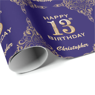 13. Geburtstag Navy Blue und Gold Glitzer Frame Geschenkpapier