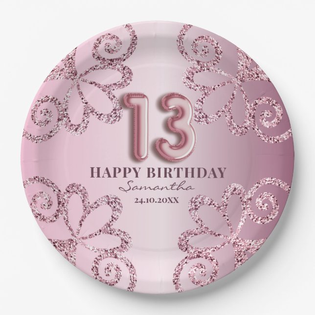 13. Geburtstag Pink Princess Glitzer Ballon Script Pappteller (Vorderseite)