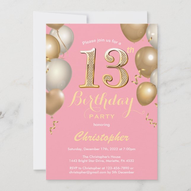13. Geburtstag Pink und Gold Balloons Confetti Einladung (Vorderseite)