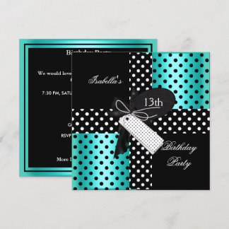13. Geburtstag Polka Dot Aquamarin Blue Schwarz-we Einladung