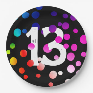 13. Geburtstag Rainbow Dots auf Black Pappteller