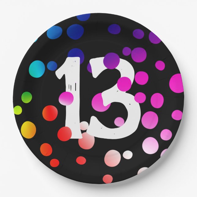 13. Geburtstag Rainbow Dots auf Black Pappteller (Vorderseite)