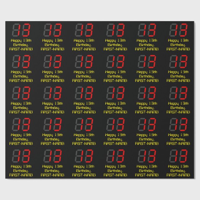 13. Geburtstag: Red Digital Clock Style "13" + Nam Geschenkpapier (Flach)