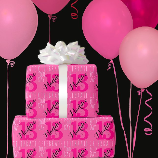 13. Geburtstag Rosa Individuelle Name Typografie Geschenkpapier (Von Creator hochgeladen)