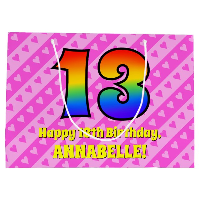 13. Geburtstag: Rosa Streifen & Herz, Regenbogen # Große Geschenktüte (Rückseite)