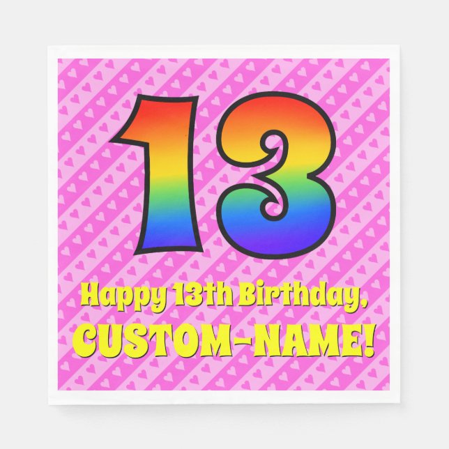 13. Geburtstag: Rosa Streifen & Herz, Regenbogen # Serviette (Vorderseite)
