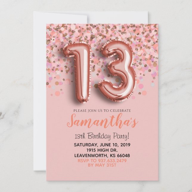 13. Geburtstag Rose Goldene Confetti Einladung (Vorderseite)