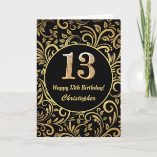 13. Geburtstag Schwarz und Gold Floral Muster Karte