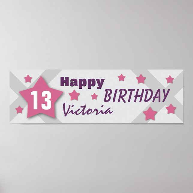 13. Geburtstag Star Banner PINK LILA SILVER V13B Poster (Vorne)