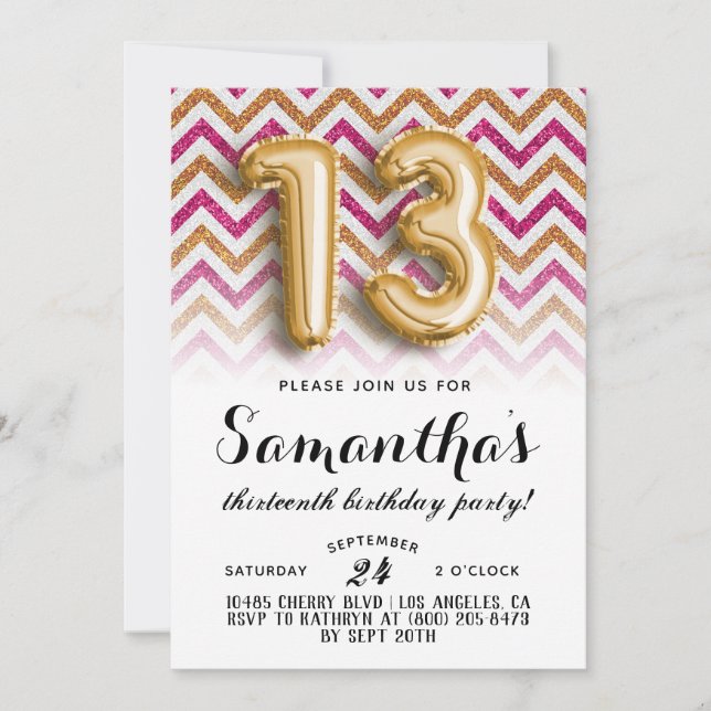 13. Geburtstag Zickzack Streifen Glitzer Einladung (Vorderseite)