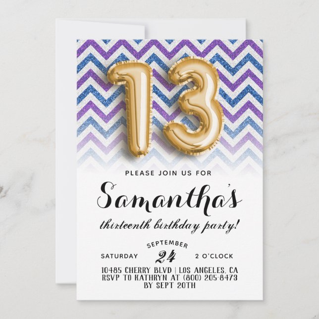 13. Geburtstag Zickzack Streifen Glitzer Einladung (Vorderseite)