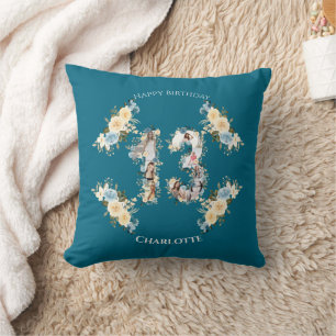 13. Geburtstagsfoto Collage Gelbe Blume Aquamarin Kissen