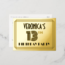 13. Geburtstagsparty ~ Art-Deco-Stil "13" + Name Folie Einladungspostkarte