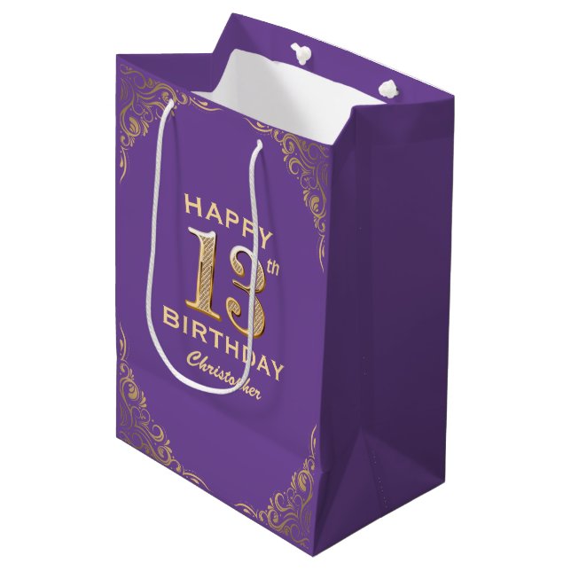 13. Geburtstagsparty Lila und Gold Glitzer Frame Mittlere Geschenktüte (Vorderseite Schrägansicht)