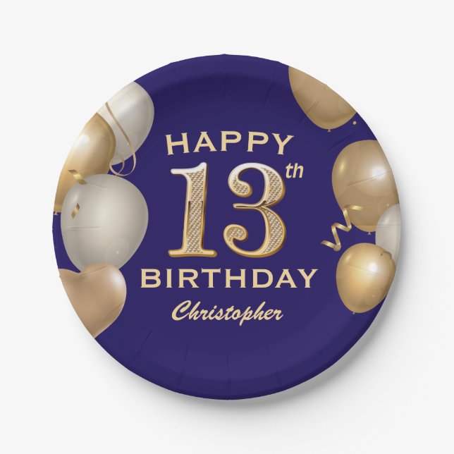 13. Geburtstagsparty Navy Blue and Gold Balloons Pappteller (Vorderseite)