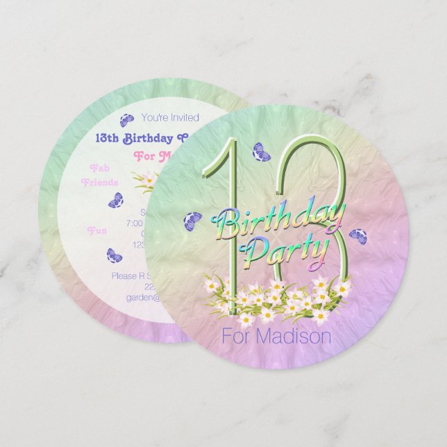 13. Geburtstagsparty Rainbow Butterflies Einladung (Vorne/Hinten)