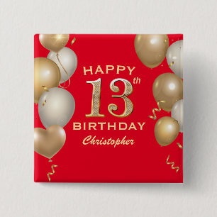 13. Geburtstagsparty Rot und Gold Ballons Button