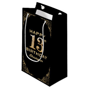 13. Geburtstagsparty Schwarz und Gold Glitzer Fram Kleine Geschenktüte