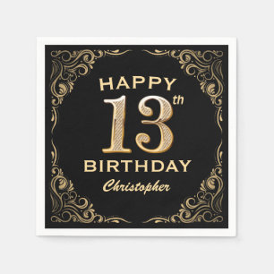 13. Geburtstagsparty Schwarz und Gold Glitzer Fram Serviette