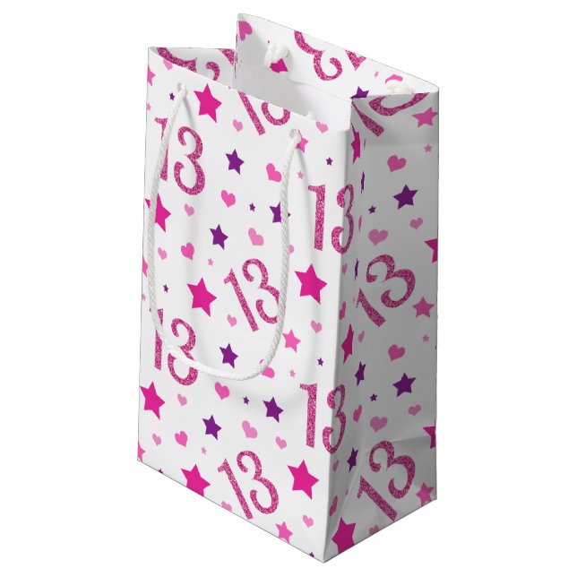 13. Girl Birthday Geschenktasche Pink Lila Glitzer Kleine Geschenktüte (Rückseite Schrägansicht)