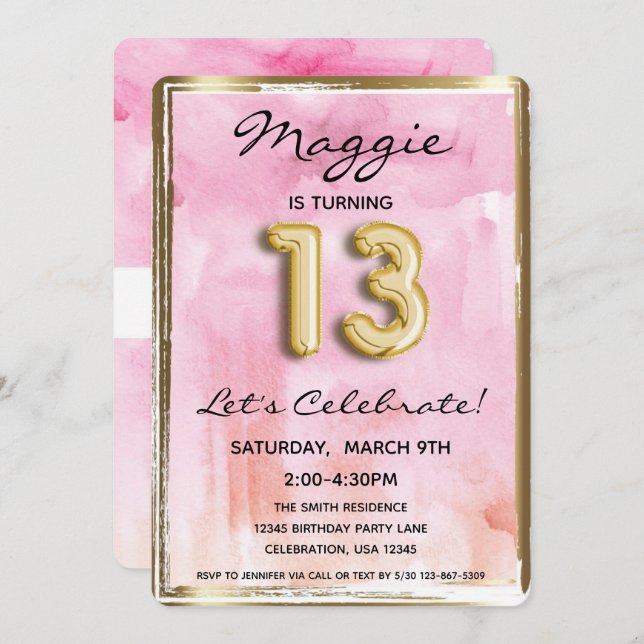 13. Girl Birthday Pink und Gold Einladung (Vorne/Hinten)