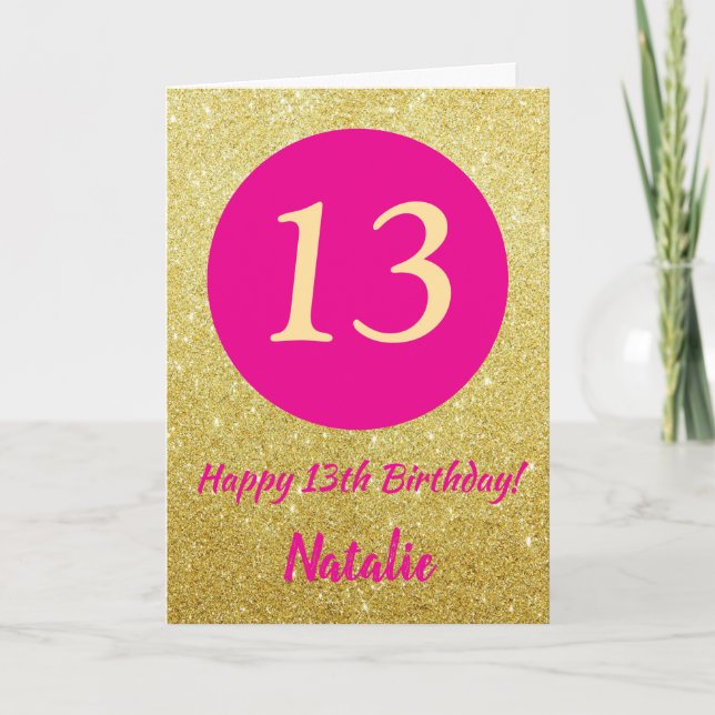 13. Happy Birthday Hot Pink und Gold Glitzer Karte (Vorderseite)