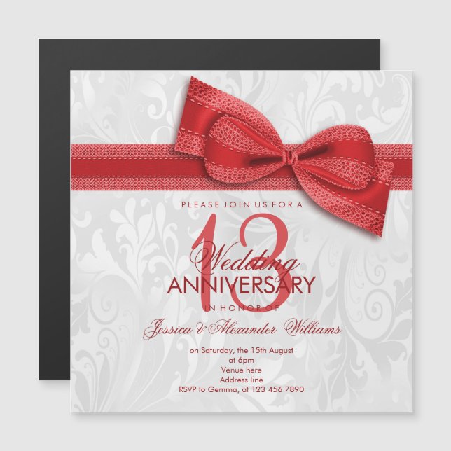 13. Hochzeitstag Damast und Faux Bow Magneteinladung (Vorne/Hinten)