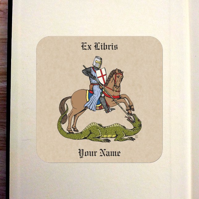 13. Jahrhundert Saint George und das Dragon Buchze Quadratischer Aufkleber (13th Century Saint George and the Dragon Bookplate in Old Book)