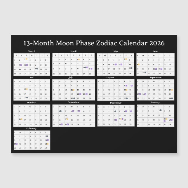 13-Monate-Mondphasen-Tierkreis-Kalender 2026 Magnetkarte (Vorderseite)
