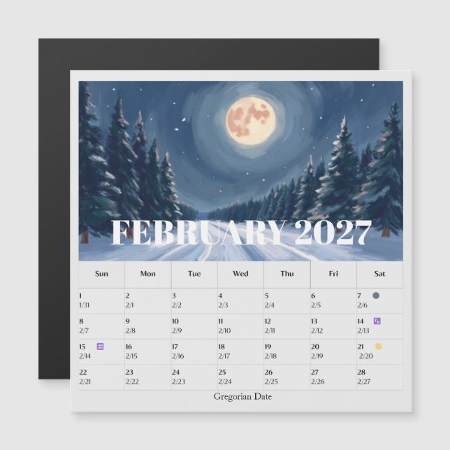 13-Monats-Mondphasen-Tierkreis Februar-Kalender Magnetkarte (Vorne/Hinten)