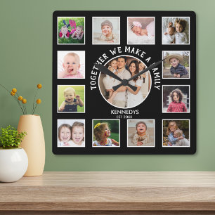 13 Photo Collage Together Family Quote Name Black  Quadratische Wanduhr