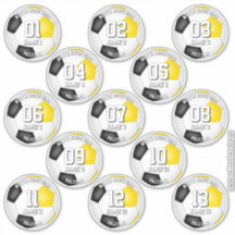 13 single soccer stickers w black gold team colors