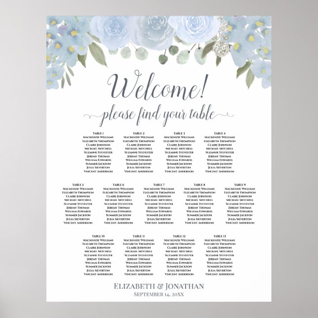 13 Tabelle Blauer Blumenstrauß Hochzeitstabelle Poster (Vorne)
