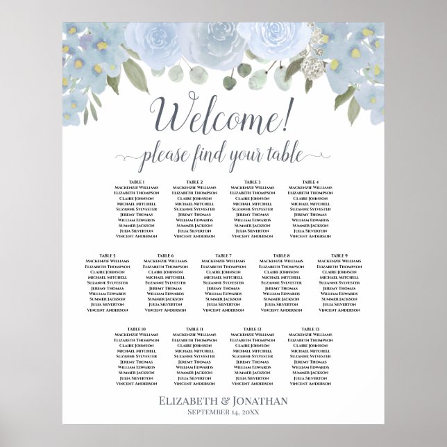 13 Tabelle Blauer Blumenstrauß Hochzeitstabelle Poster (Vorne)